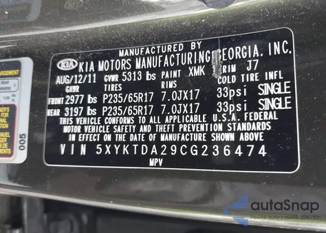 2012 Kia Sorento Lx V6 z USA, uszkodzony, nr VIN 5XYKTDA29CG236474